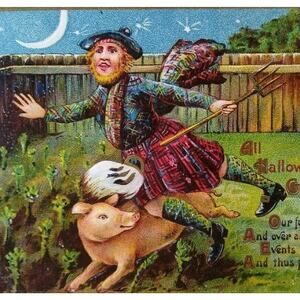 Halloween Postcard Fantasy Pig Man In Kilt Pitchfork Gottschalk Germany 2171